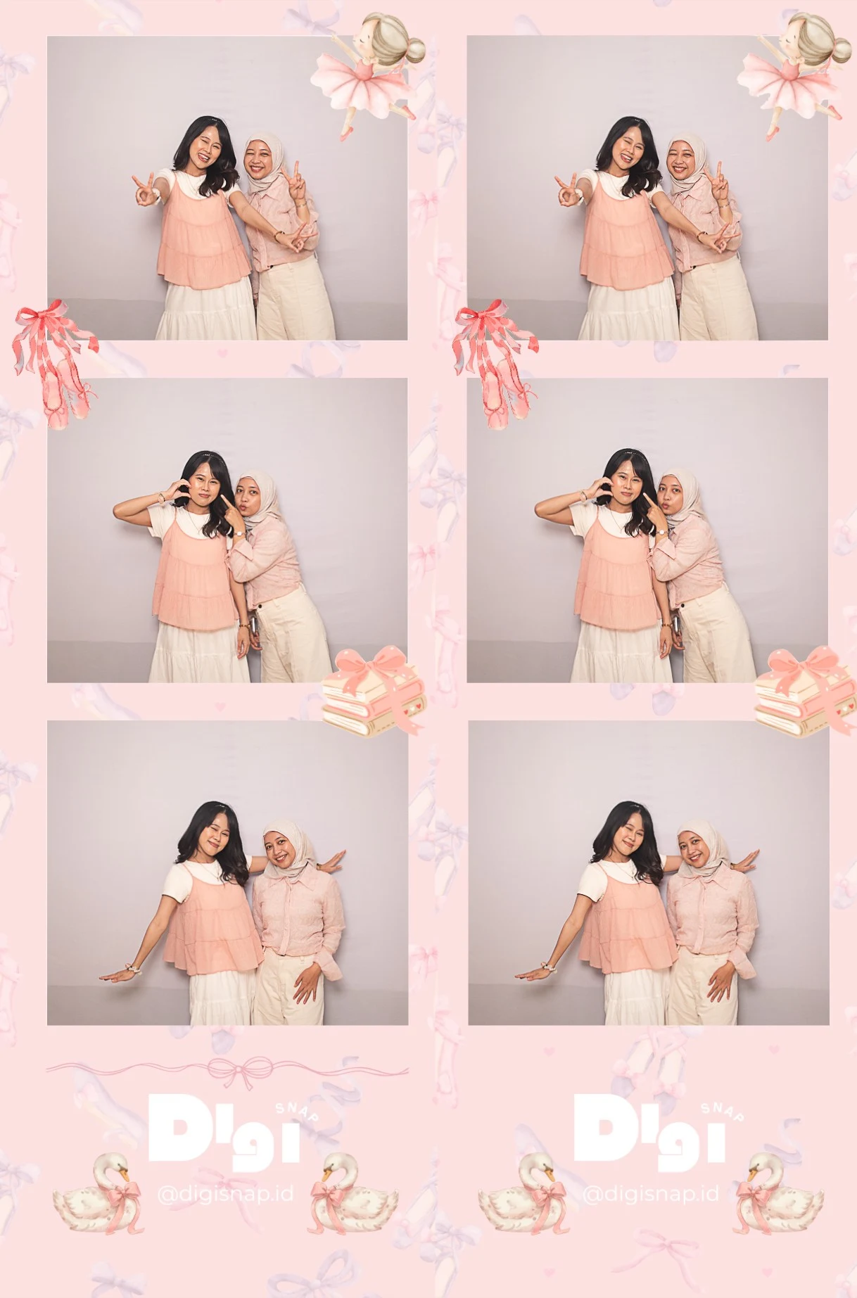 A printed DigiSnap photo strip with a custom Soft Pink frame