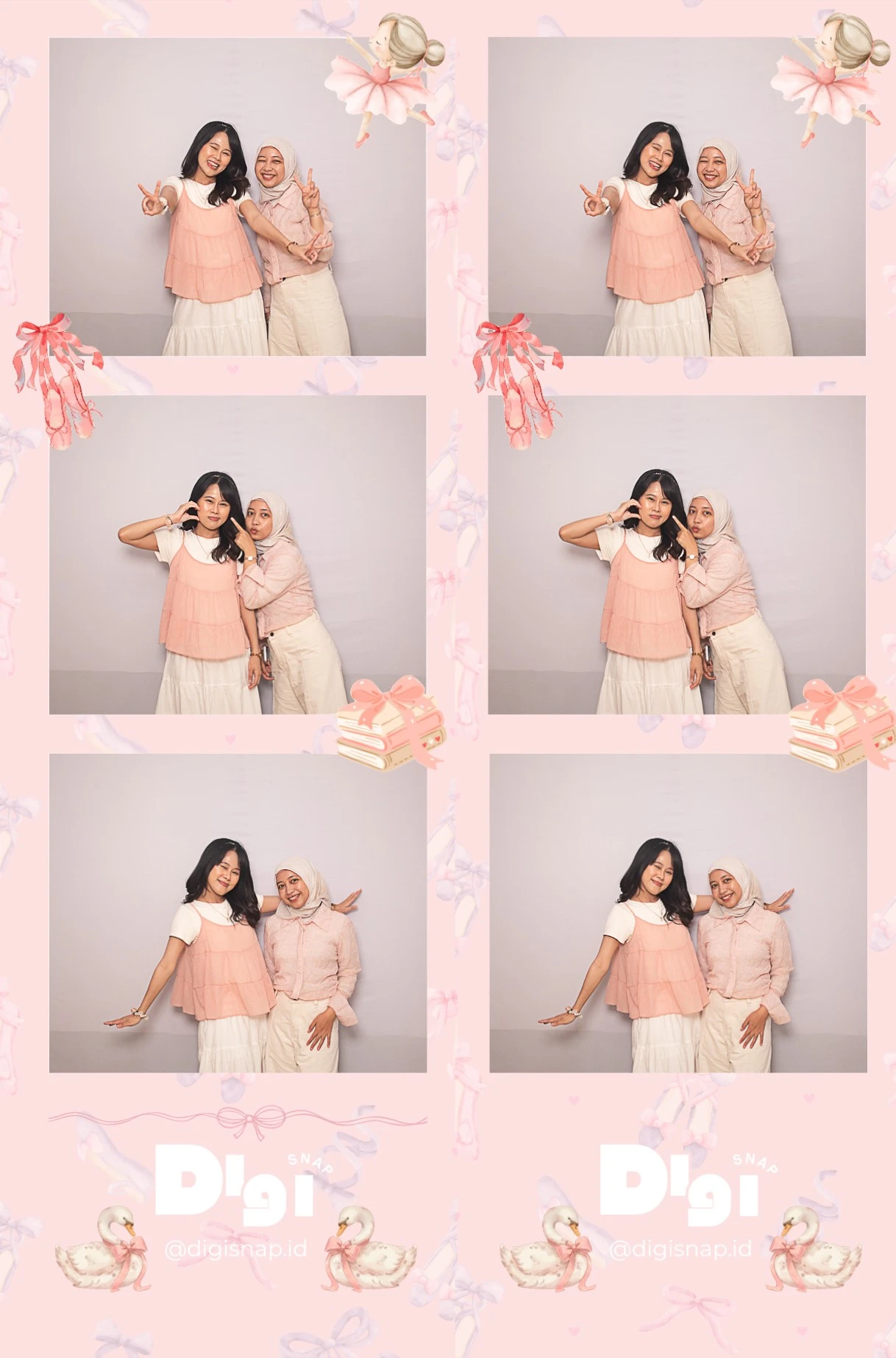 A printed DigiSnap photo strip with a custom Soft Pink frame