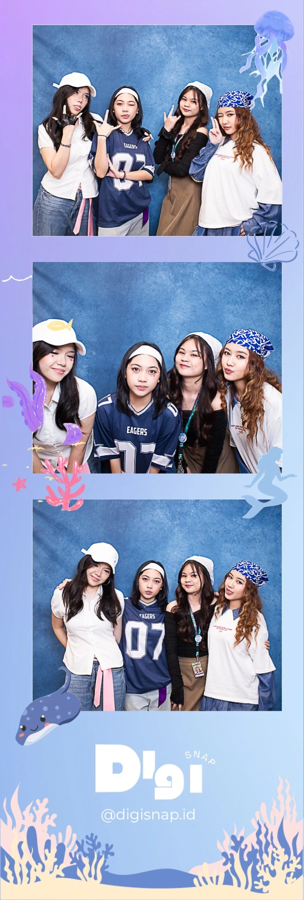 A DigiSnap 2R photo strip — three underwater-themed moments printed in one tall strip